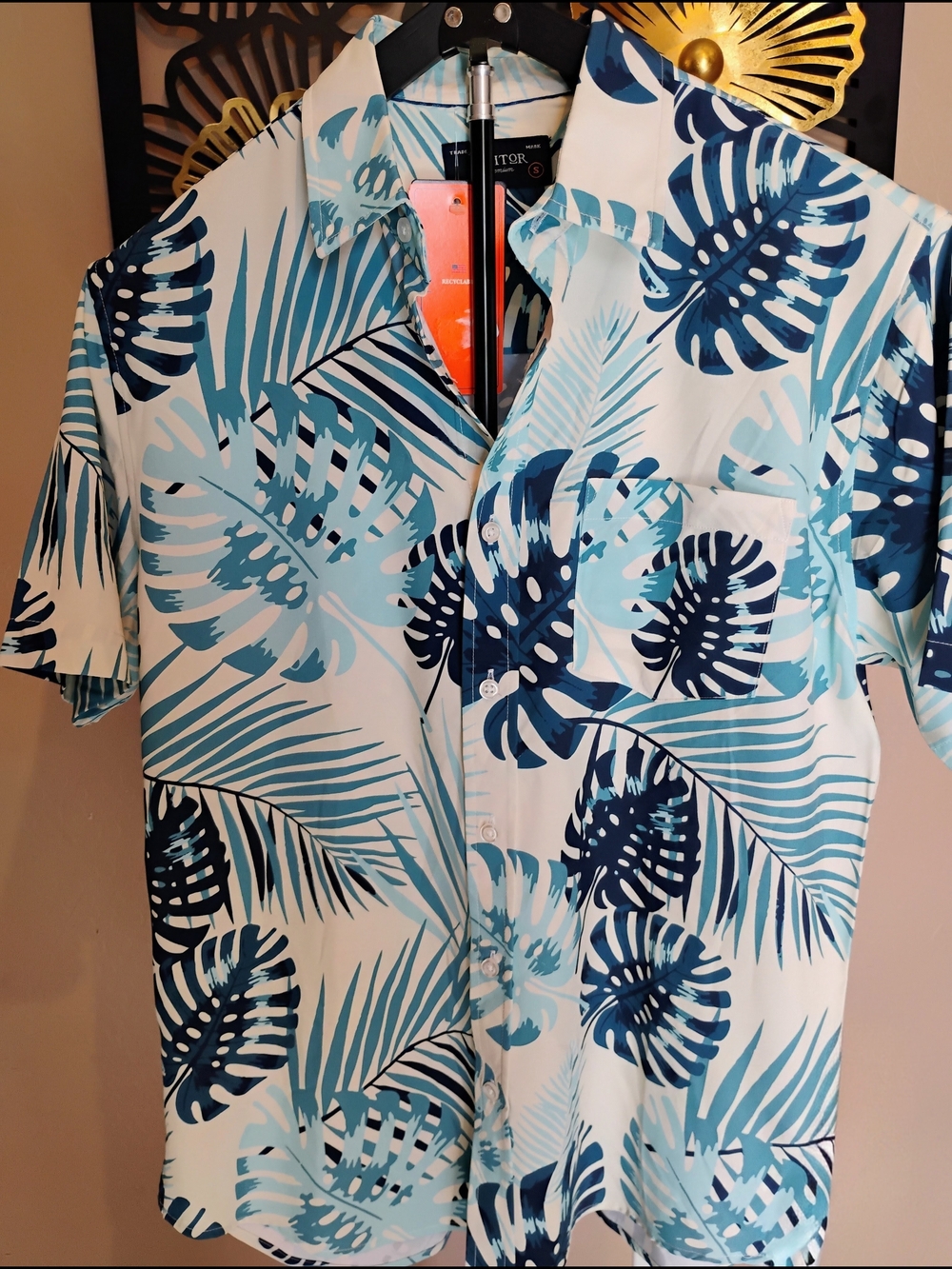 Visitor Premium Size S Men's Blue 4 Way Stretch Fern Print Button Up Shirt NWT
